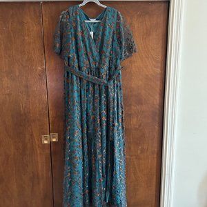 NWT Baltic Born Marseille Embossed Wrap-Style Maxi Dress, Jade + Bronze, 3X